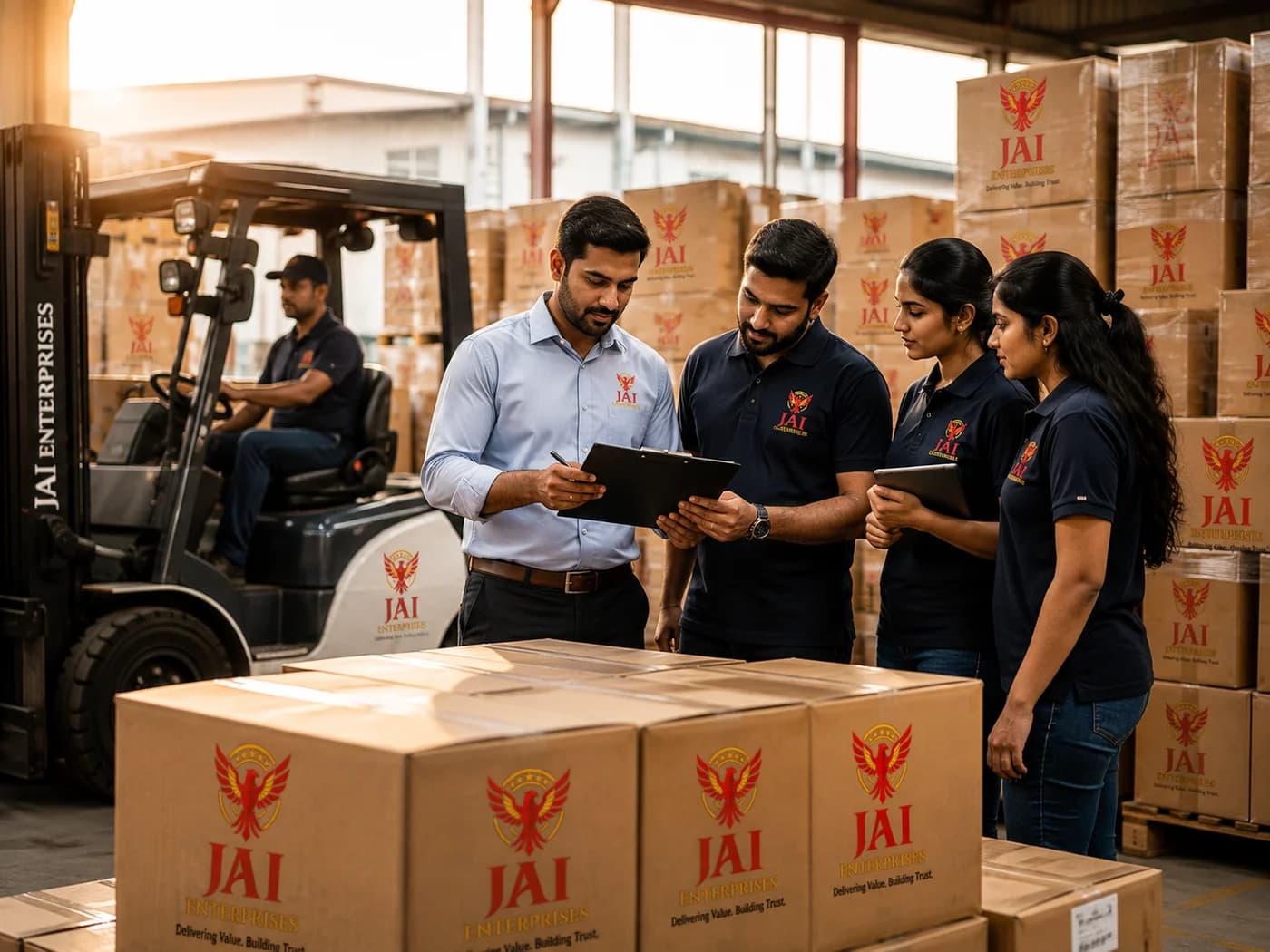 Jai Enterprises team reviewing stock at the Koyambedu warehouse